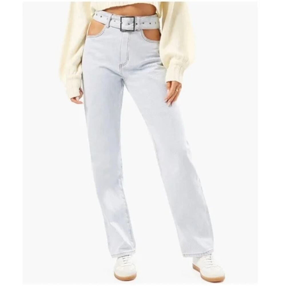 NWT WeWoreWhat CutOut High Rise StraightBaggy Leg Jean Belt 28 Indigo Super Blue